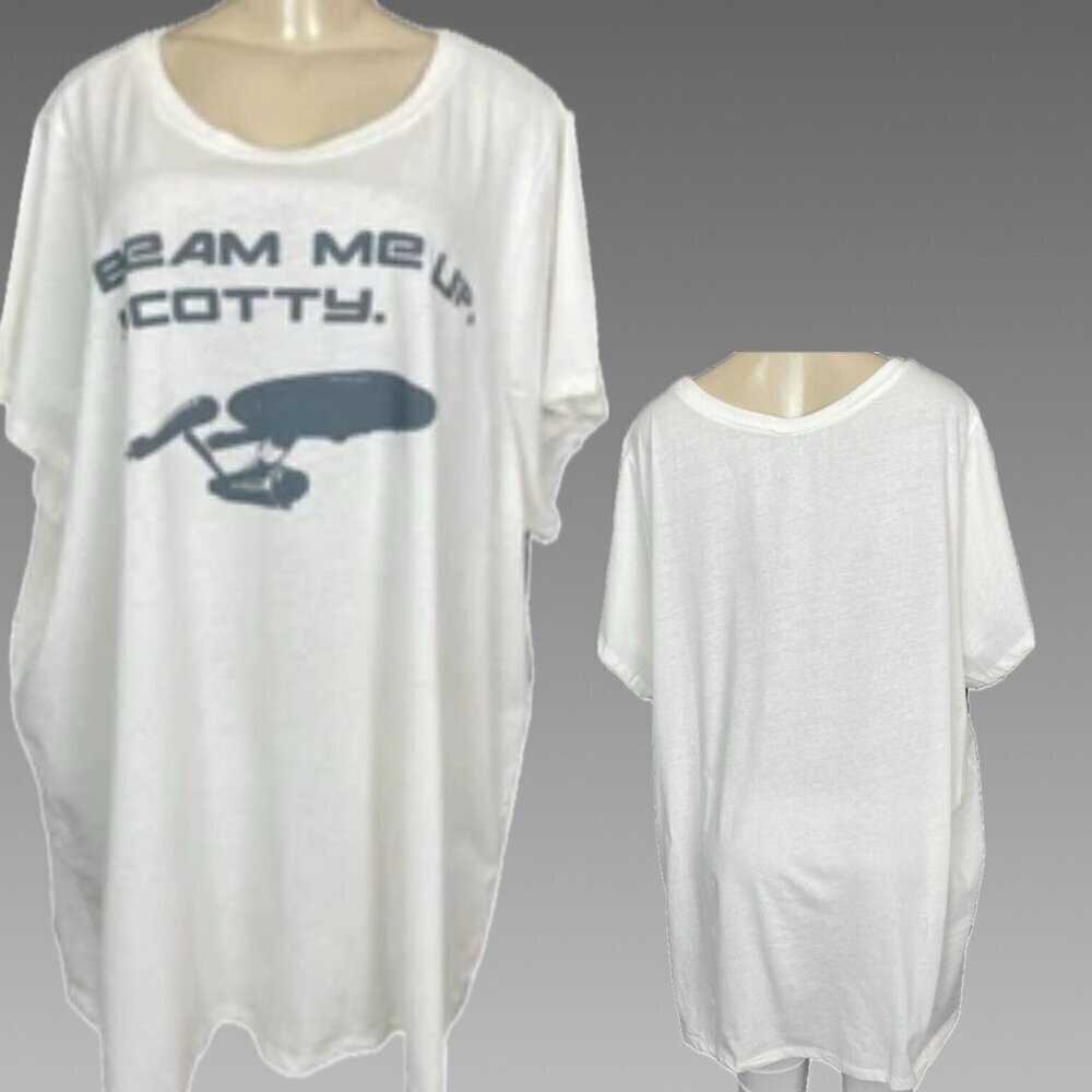 Star Trek +4 Off-White Crew Starship Beam Me Up Scotty Graphic Short Sleeve Tee